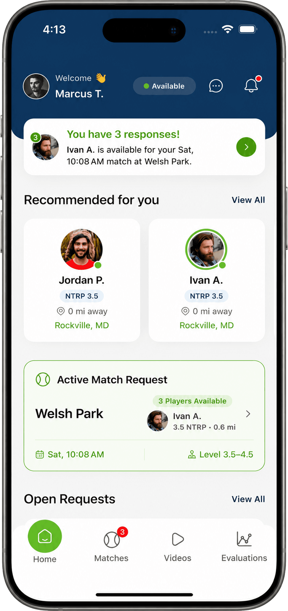 Miles Ahead Tennis app home screen